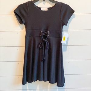 Girls LBD Black Knit Dress With Tie Detail